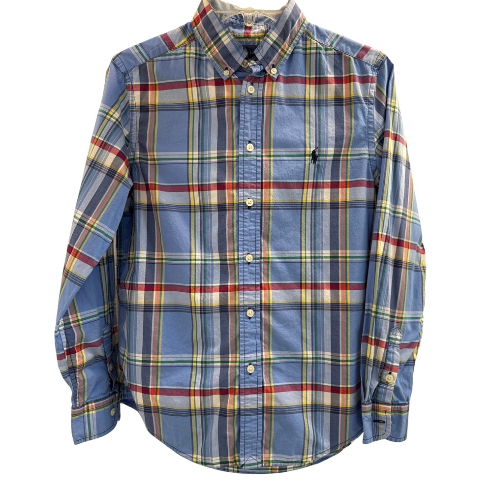 Ralph Lauren Button Down Shirt Kids L 14-16 Blue Plaid Natural Stretch Preppy